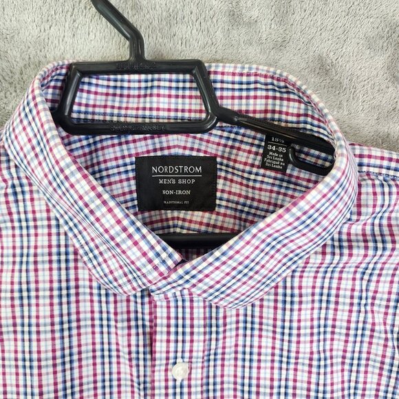 Mens Nordstrom Tech-Smart Red Blue White Check Classic Fit Long sleeve Shirt 19 - Picture 3 of 8